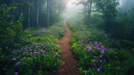 Forest pathway nature concept. A tranquil path through a foggy forest adorned with blooming wildflowers.