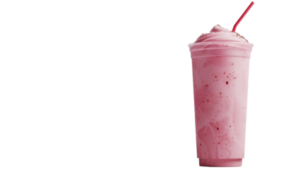 Refreshing strawberry milkshake in a plastic cup with whipped cream and red straw on transparent background