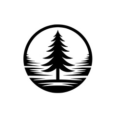 Monochromatic Pine Tree Landscape: Minimalist Circle Design, Nature Icon, Black and White Vector Graphic, Geometric Symbol, Simple Illustration