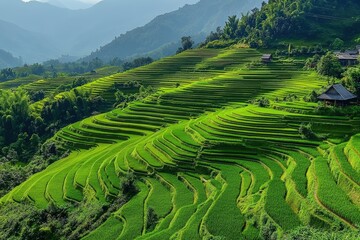 Lush Green Terraced Rice Fields Overlooking Majestic Mountain Landscape Under Clear Blue Sky in Scenic Rural Area Asia
