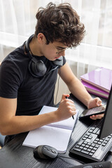 Teenager studying at home on a computer. Teen freelancer working on a project at home. Exam...
