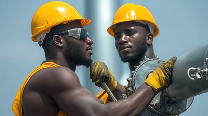 Fototapeta premium A team of wind turbine maintenance workers repairing and servicing a renewable energy equipment at a wind farm site