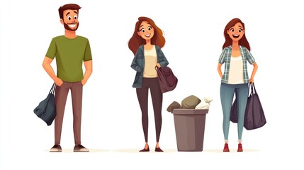 Happy people recycling waste outdoors, white background, illustration