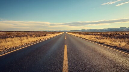 Open Road Ahead: An empty highway stretches towards a distant horizon under a vibrant sky, a lone road symbol of endless possibilities and freedom. The vanishing point, a beacon of hope and adventure.