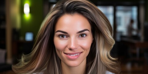 Obraz premium Beautiful laughing model girl with long curly hair. Studio shot. Beauty saloon. Selective focus. Generative AI.