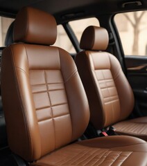 Fototapeta premium Texture of leather car seat with blurred interior of luxury car in the background, luxury car, leather