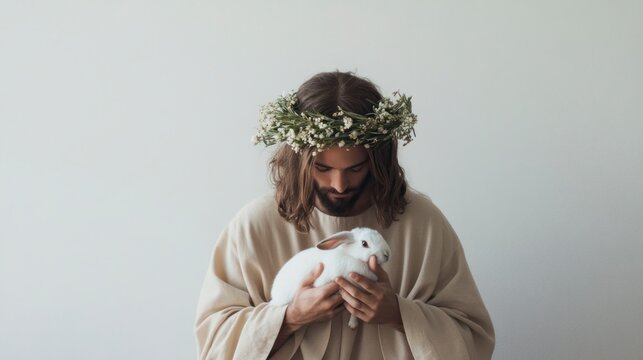 Gentleman with flower crown holds a white rabbit.
