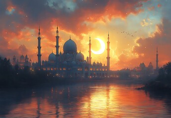 Fototapeta premium Silhouetted Mosque Against Vibrant Sunset, Reflecting Colors on Water with Wispy Clouds and Serene Atmosphere