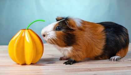 Fototapeta premium A cheerful guinea pig curiously explores a bright yellow toy in a cozy, sunny space.