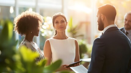Bridal Consultation: A radiant bride-to-be engages in a thoughtful conversation with her wedding planner and a guest, sunlight illuminating the scene, creating a warm and intimate atmosphere.
