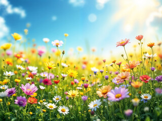Colorful flowers blooming under bright sunlight in a summer meadow setting