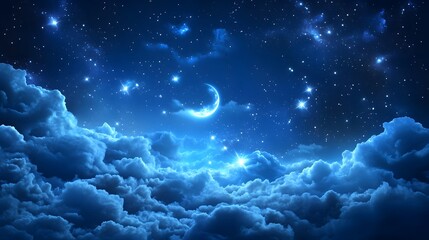 Celestial Dreamscape: A surreal dreamscape unfolds beneath a breathtaking night sky, adorned with a crescent moon and countless twinkling stars, as soft clouds drift across the celestial canvas.