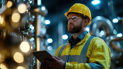 Engineer inspecting industrial equipment in factory setting