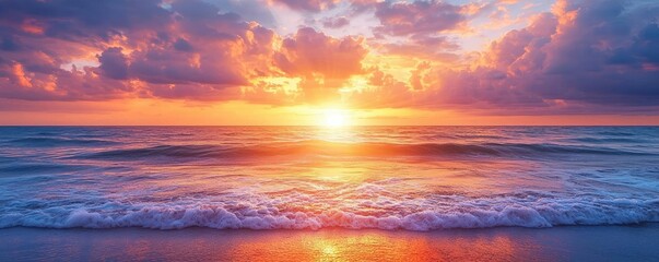 Fototapeta premium Sunset over ocean nature concept. A breathtaking sunset over the ocean, casting warm colors across the sky and water.