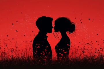 Silhouette Of A Couple Kissing Against A Red Backdrop With Falling Petals.