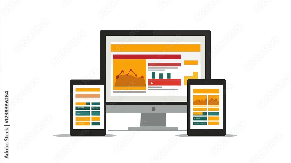 Poster responsive website design on devices, data graphs, white background, web development
