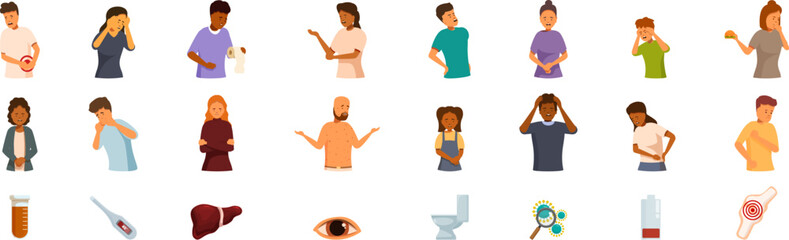 Hepatitis symptoms icons set. People experiencing various symptoms of illness, accompanied by medical icons representing diagnosis and treatment