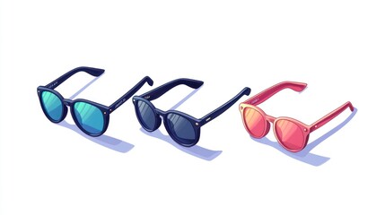 Stylish sunglasses trio, white background, online shop, summer