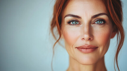Naklejka premium Retrato de mujer pelirroja con ojos azules y expresión confiada