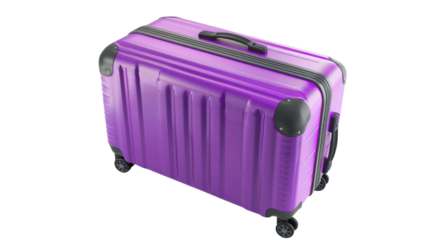 Purple suitcase with retractible handle and wheels isolated on transparent background