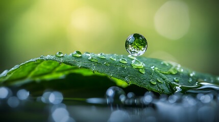 Waterdrop on Leaf: A glistening waterdrop rests delicately on a vibrant green leaf, capturing the essence of nature's beauty and the refreshing power of water.