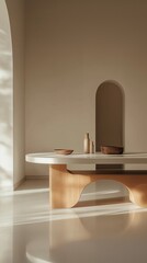 A modern, minimalist home design that emphasizes natural materials and soothing lighting.