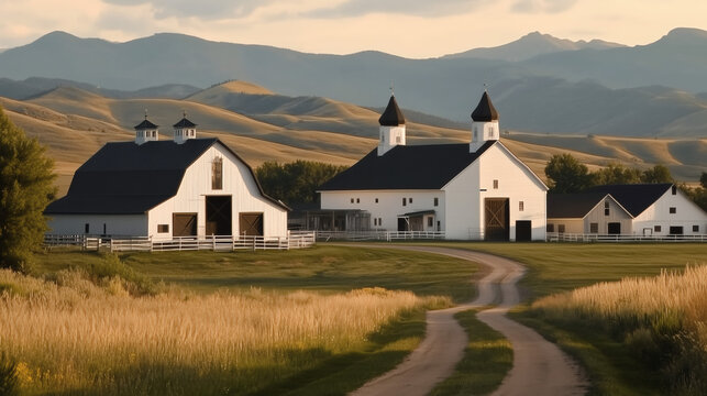 Rancho rural con edificios blancos y paisaje monta&ntilde;oso al fondo