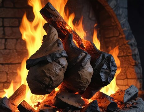 The chimenea crackles and pops with warm flames, embers, rustic