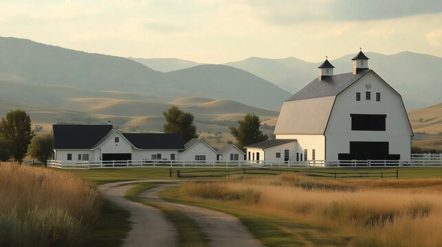 Rancho rural con edificios blancos y paisaje monta&ntilde;oso al fondo