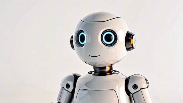 White robot with blue glowing eyes is looking at the camera on a white background