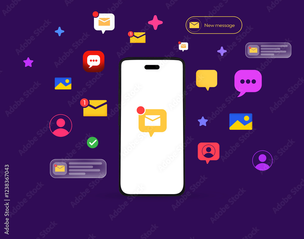 Poster colorful email notification appearing on the white smartphone screen with floating shapes, modern el