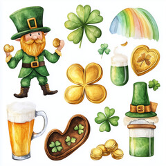 Watercolor Saint Patrick’s Day Elements Featuring Leprechaun, Clover, Gold Coins, and Rainbow