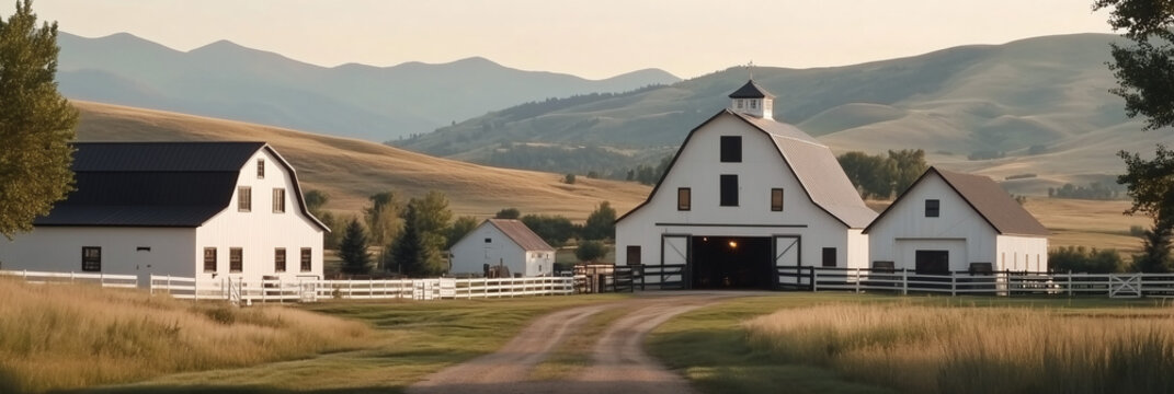 Rancho rural con edificios blancos y paisaje monta&ntilde;oso al fondo