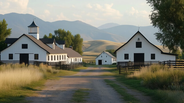 Rancho rural con edificios blancos y paisaje monta&ntilde;oso al fondo