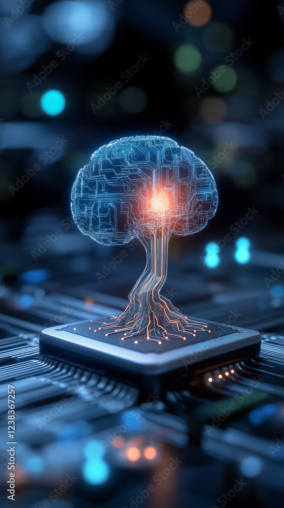 Poster a glowing digital brain in the shape of a tree emerges from a microchip, symbolizing artificial inte
