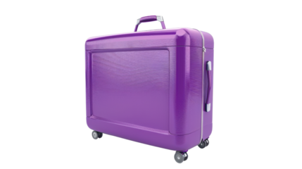 Purple suitcase rolling on transparent background representing travel and vacation