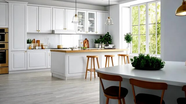 Stylish white kitchen undergoing a transformation with the addition of a modern table and chairs