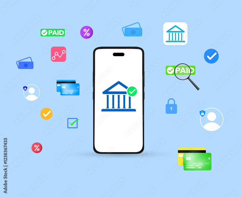 Poster digital payment through mobile application concept background with floating signs, online banking de