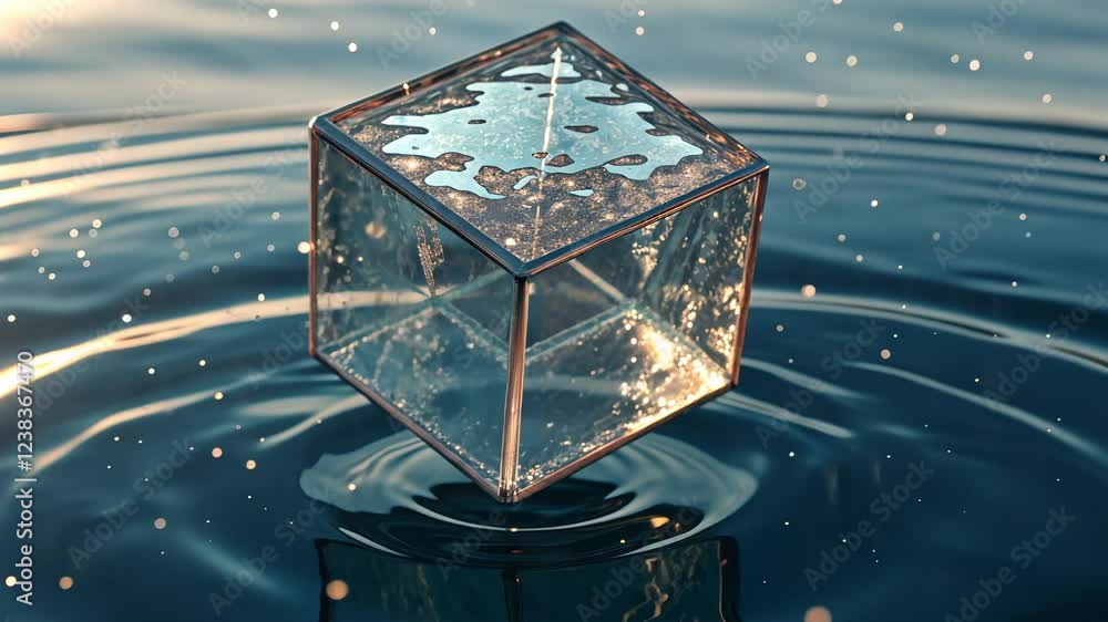 Poster technology background concept, floating transparent cube in water with ripples.