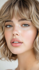Naklejka premium Radiant young woman with soft curls and glowing complexion in natural light