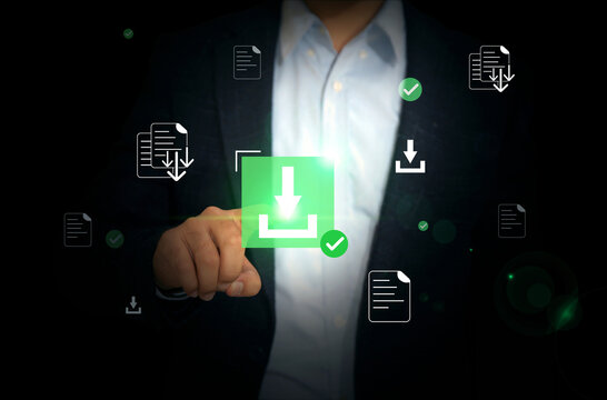 Downloading complete concept background with green glow and tick mark, person touching downloaded shape. Downloading files, content and data design backdrop