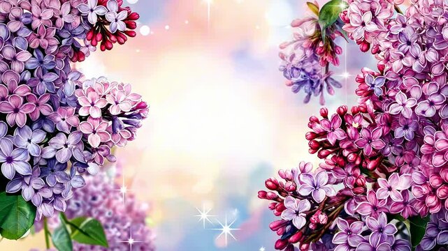 Lilac flowers create a border on a soft, pastel background with sparkling stars