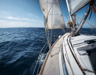 Creative concept photo of tourist sailboat in the sea landscape.