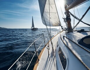 Creative concept photo of tourist sailboat in the sea landscape.