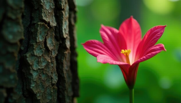 the delicate shape of a jambo flower contrasts with the rough bark of a tree, contrasting, greenery, flowers
