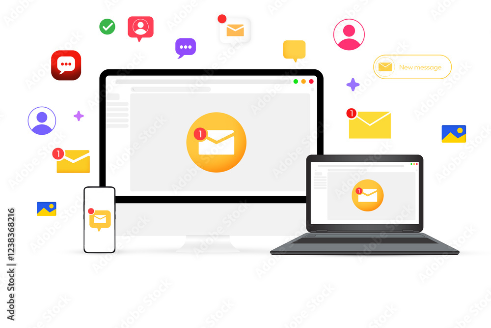Poster modern email and message notifications on multiple devices with colorful symbols floating around the