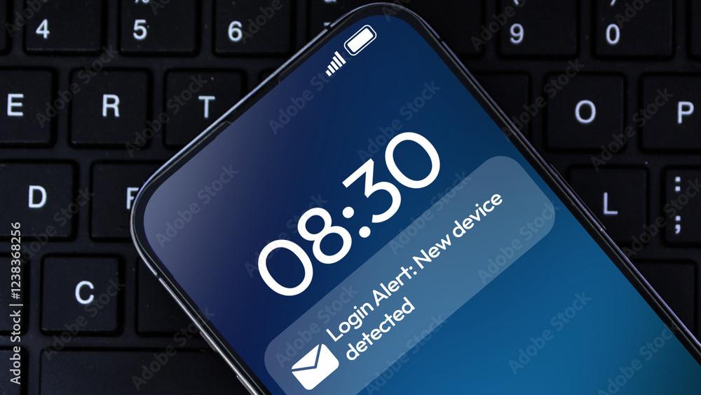 Poster new device login alert message appearing on the smartphone screen, close up with keyboard in the bac