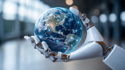 Humanoid robot hand gently holds glowing digital globe representing AI connectivity across the world