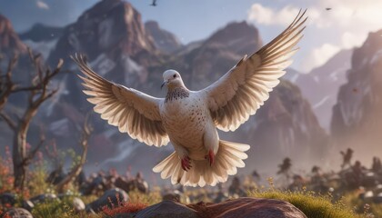 Obraz premium The dove's gentle coos fill the air as it surveys its surroundings, warm light, bird, historic building