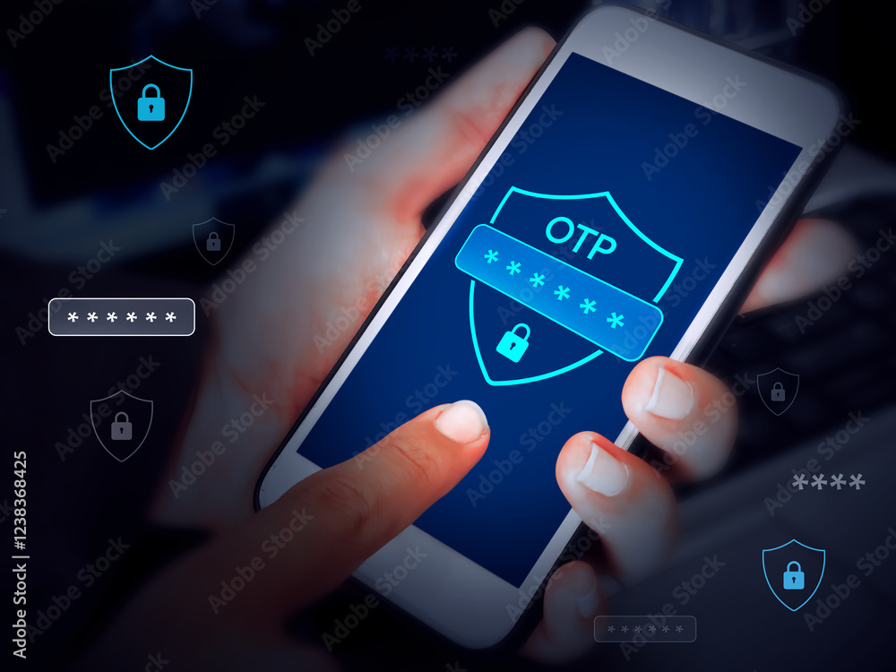 Poster one time passcode security factor concept design with man using mobile close up, 2fa authentication 